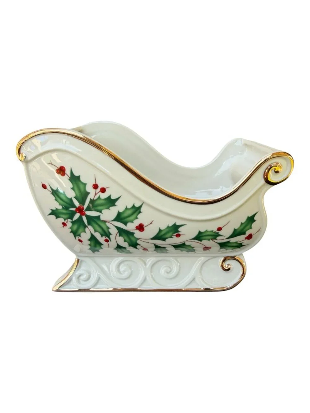 NIB VINTAGE LENOX HOLIDAY ARCHIVE SLEIGH DISH W/ HOLLY BERRIES 5.7